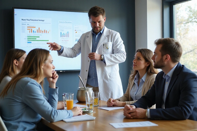 Týmová porada nutričních specialistů diskutujících o nových výživových strategiích.