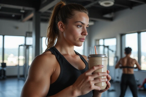 Sportovec pije proteinový nápoj po tréninku, v pozadí posilovna.